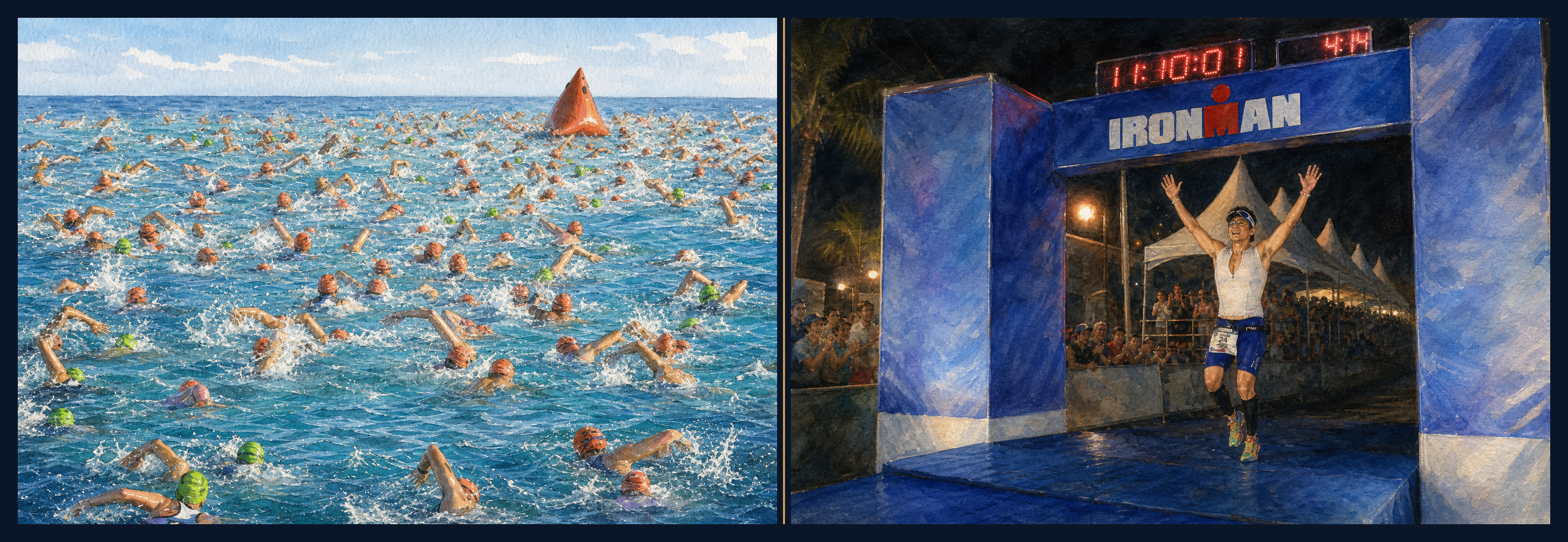 Watercolor collage: open-water swim start and an Ironman night finish, shown in full