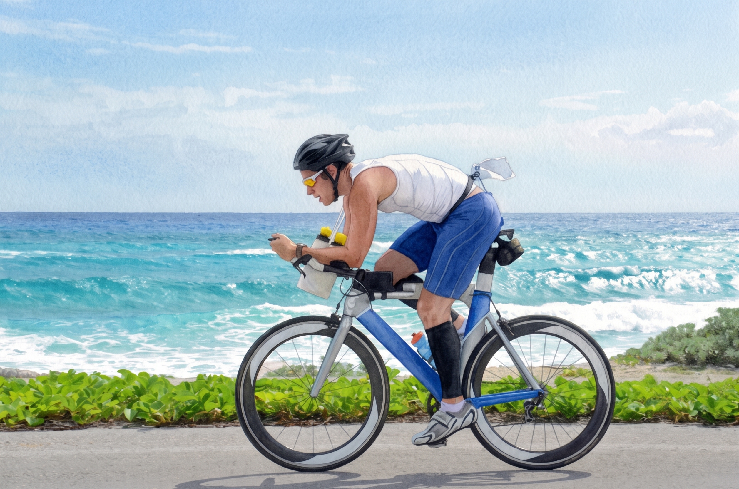 Cyclist riding along the coast at golden hour